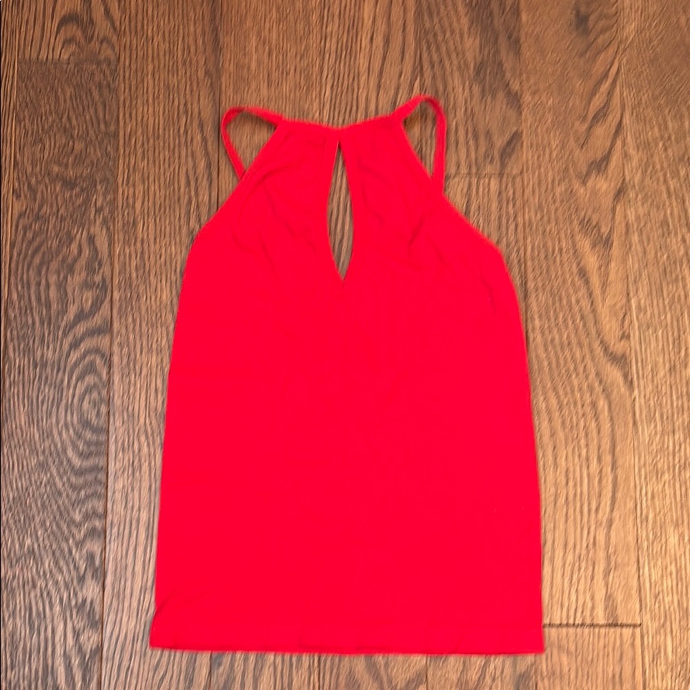 Women's Ribbed Red Keyhole Fitted Halter Tank Top